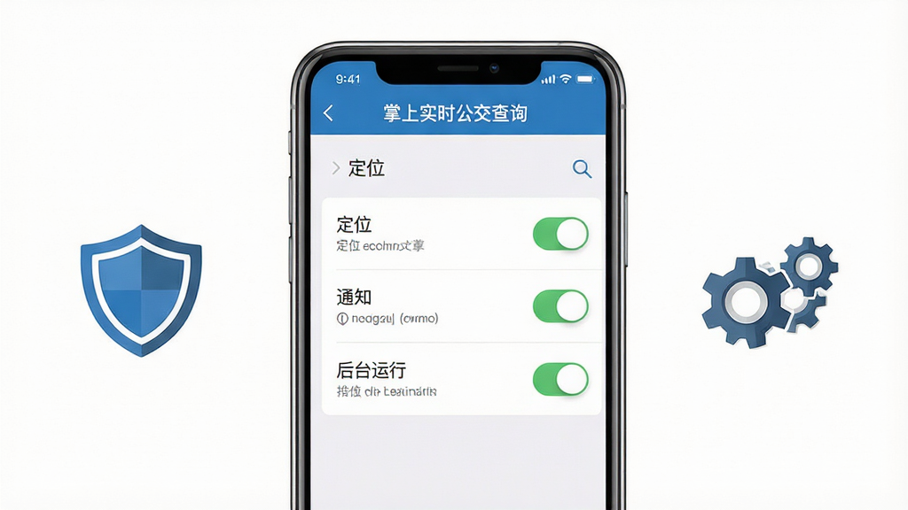 一张展示手机应用设置界面的示意图,画面中手机屏幕显示“掌上实时公交查询”的权限管理页面,包含定位、通知、后台运行等开关选项,手机旁配有盾牌与齿轮图标,布局为手机居中、图标点缀两侧,风格简约商务,细节清晰呈现设置项,画质高清,背景干净,无多余元素
