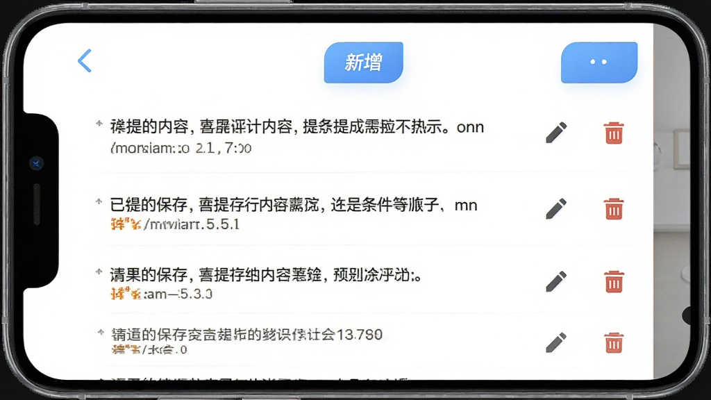 悬浮提示器内容管理界面,手机屏幕展示文本列表页面,列表中包含多条已保存的提词内容条目,每条右侧有编辑和删除图标,顶部有新增按钮,界面风格清爽,细节展示中文文本预览和条目数量统计,画质高清,干净,无多余元素