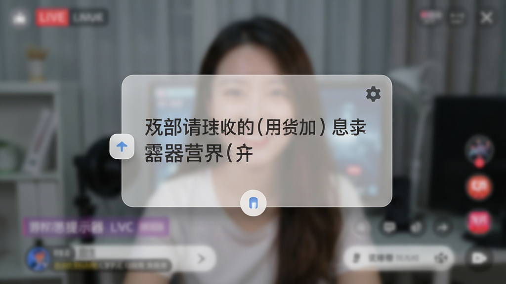 悬浮提示器安卓版应用界面展示,手机屏幕中央悬浮着一个半透明的文字提示窗口,窗口中显示中文提词内容,背景为模糊的直播场景,整体布局简洁清晰,风格现代科技感,细节包括悬浮窗的拖动按钮和设置图标,画质高清,干净,无多余元素
