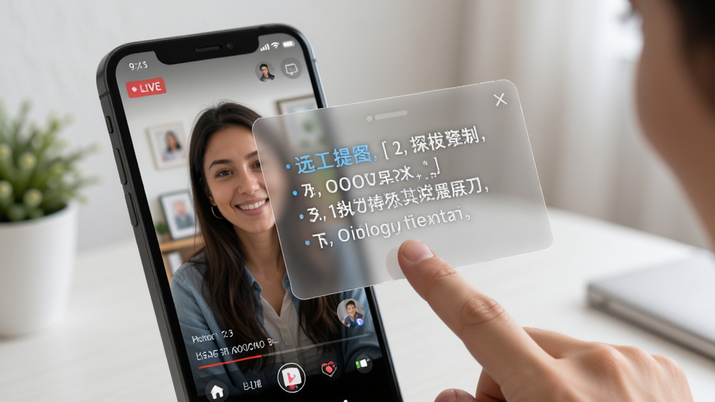 悬浮提示器使用场景示意图,手机屏幕显示直播画面同时悬浮窗展示提词内容,用户手指正在拖动悬浮窗调整位置,画面传达便捷操作的理念,风格生活化,细节包括直播界面元素和悬浮窗半透明效果,画质高清,干净,无多余元素