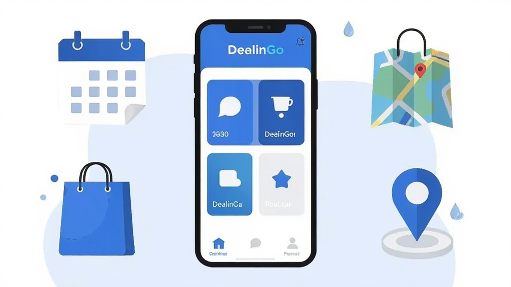 画面中央放置一部智能手机,屏幕显示“DealinGo”应用主界面,界面包含多个功能卡片图标,手机周围环绕简洁的生活场景元素如日历、购物袋、地图定位标记,整体采用扁平化插画风格,色调以蓝白为主,布局均衡,画质清晰干净,无多余装饰元素