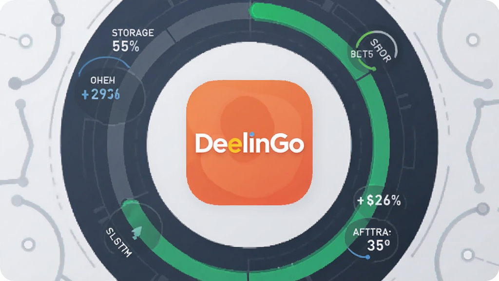 画面以“DealinGo”应用图标为中心,周围用环形图表展示存储占用小、运行流畅等抽象指标,背景为浅灰色科技感线条,风格简洁数据可视化,画质清晰干净