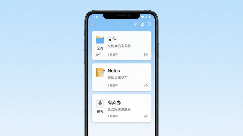承务空间手机应用主界面展示,画面中央是一部竖屏安卓手机,屏幕内呈现清爽的空间卡片式布局,包含文件、笔记、待办三个功能分区,背景为浅蓝渐变色调,整体风格简洁商务,细节清晰,画质干净,无多余元素