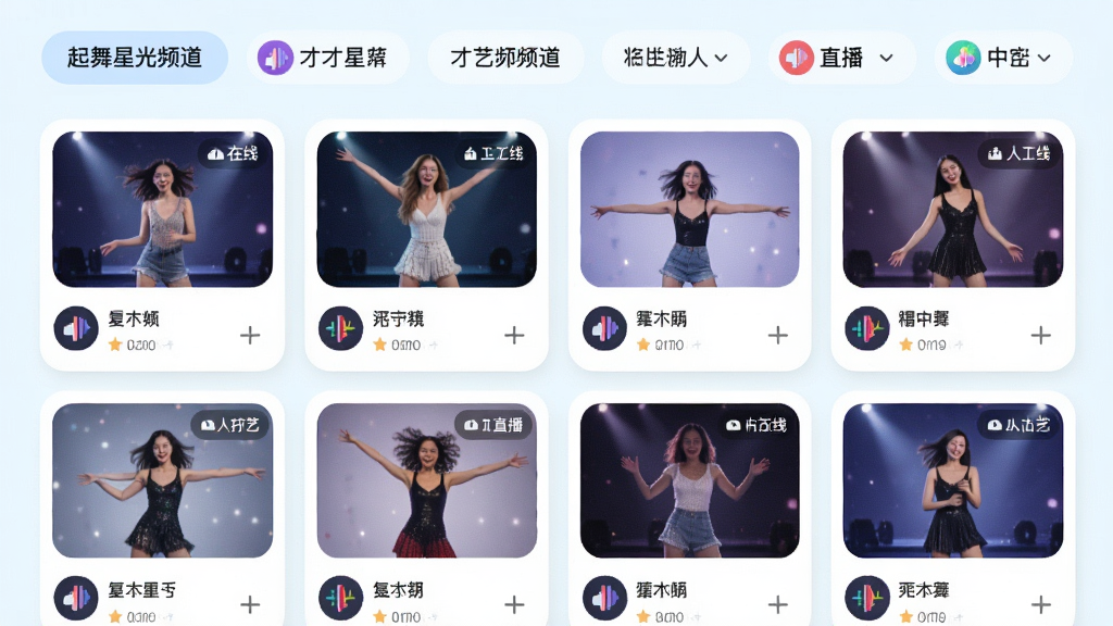 起舞星光频道分类页面,主体为多个才艺频道标签与直播卡片网格,布局采用顶部横向标签加下方双列卡片流,风格清新浅色系,细节包含圆角缩略图、在线人数角标与频道图标,画质清晰明亮,画面干净无杂乱元素
