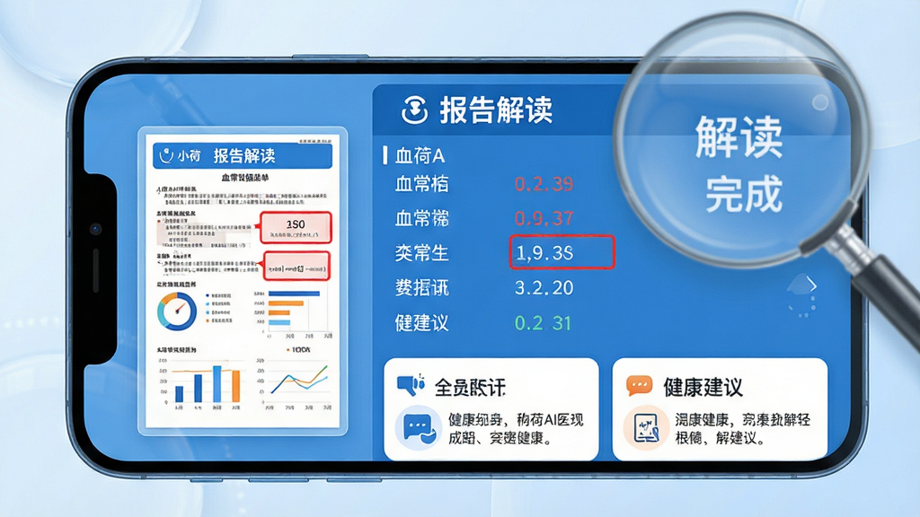 ���壺�ֻ���ĻչʾС��AIҽ���ı�����ҳ�棬��ʾѪ���汨�浥�͡������ɡ����������֣��ֻ���Ļ���룬���Ϊ���浥����ͼ���Ҳ�Ϊ�������б����Ű棺����Ϊ�������������⣬�в�Ϊָ�����ݣ��ײ�Ϊ�������鿨Ƭ�����ҽ�Ƹ�ǿ���������������ݿ��ӻ�ͼ����ϸ�ڣ��쳣ָ���ú�������������ݴ�Сͼ�꣬�����зŴ�Ԫ�ء����ʣ����壬�޶���Ԫ�ء�