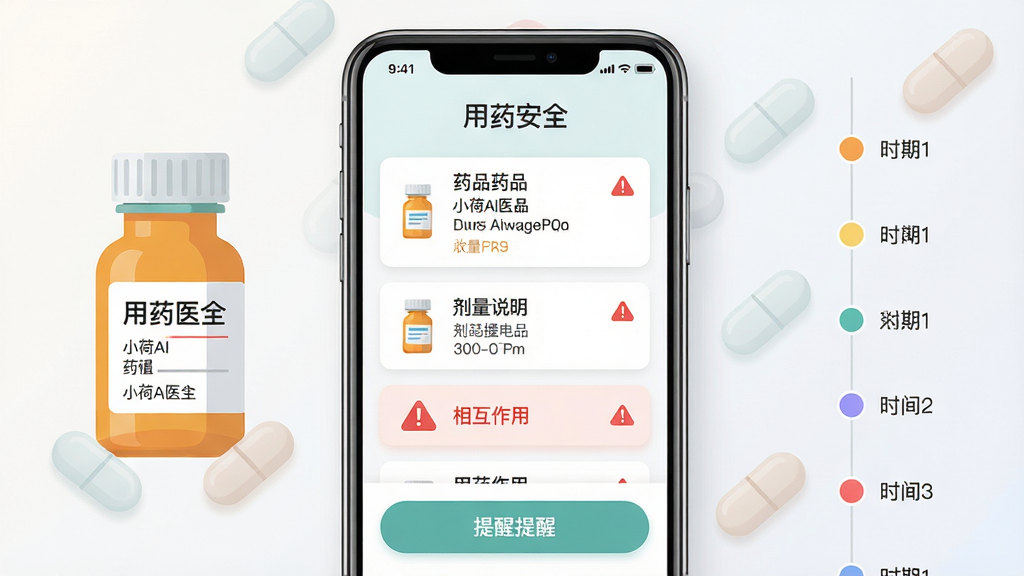 ���壺�ֻ���ĻչʾС��AIҽ������ҩ���ѽ��棬��ʾҩƷ��Ƭ������˵���͡��໥���á���ʾͼ�ꡣ���֣��ֻ����У������ҩƿͼ�����Ҳ�Ϊ��ҩʱ���ᡣ�Ű棺���涥��Ϊ����ҩ��ȫ�����⣬�в�ΪҩƷ�����б����ײ�Ϊ���Ѱ�ť�����дʵ���ƽ��ϣ�ɫ����ͣ�����ɫ��׺��ϸ�ڣ�ҩƿ��ǩ������ʱ�����ò�ɫԲ���ǣ�������͸��ҩ��ͼ�Ρ����ʣ����壬�ɾ����ࡣ