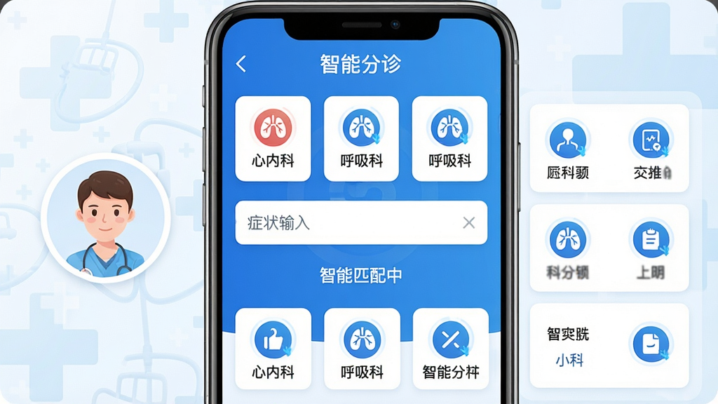 ���壺С��AIҽ��App�����ܷ��﹦�ܽ��棬��Ļ��ʾ�������ͼ�꣨�����ڿơ������ƣ��͡�����ƥ���С����������֣��ֻ���Ļ���У������ģ�⻼��ͷ���Ҳ���ʾ�Ƽ������б����Ű棺���涥��Ϊ�����ܷ�����⣬�в�Ϊ֢״����򣬵ײ�Ϊ�����Ƽ���Ƭ�����ҽ�Ʒ磬������ɫ�����רҵ��ϸ�ڣ�����ͼ���΢С����Ч���������е�ɫҽ��ʮ�����������ʣ����壬����ɾ����޶���Ԫ�ء�