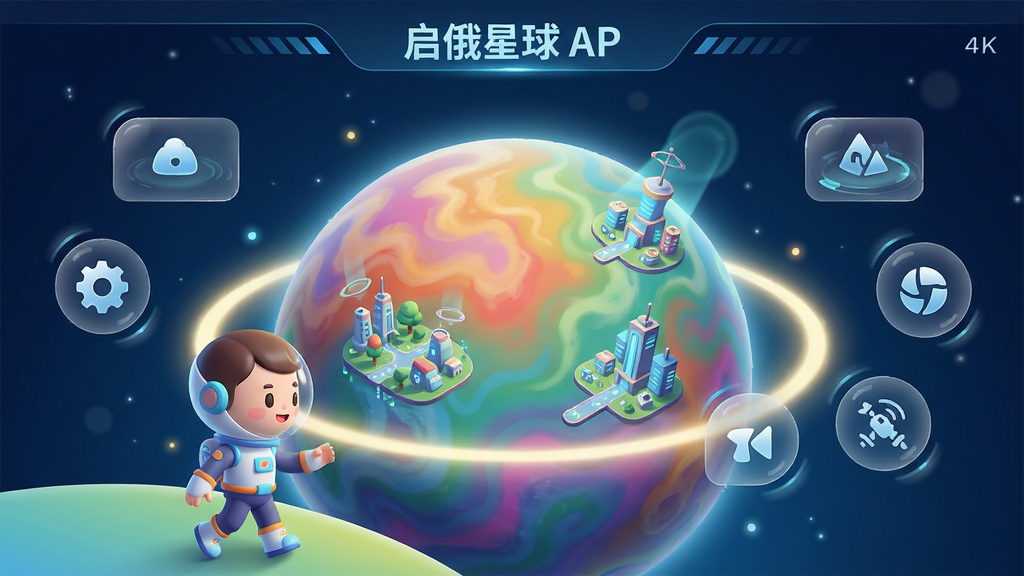 主体:启俄星球APP的科幻风格界面预览图,展示星球全景与虚拟角色互动场景。布局:画面中央为色彩斑斓的星球表面,周围悬浮着半透明的UI功能按钮,左下角有正在行走的卡通角色。排版:信息层级分明,主视觉突出,功能图标环绕排列。风格:未来科技感与卡通可爱风结合,色调明亮清新。细节:星球表面有发光的光晕和微小的建筑群落,UI图标带有微动效。画质:4K超高清,干净,无多余元素。