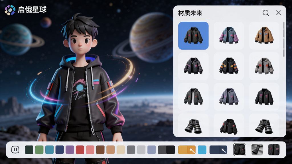 主体:启俄星球APP内的虚拟形象定制界面。布局:画面左侧为角色模型,右侧为丰富的装扮选项列表,底部为色板与材质选择。排版:界面简洁明了,功能分区清晰。风格:时尚潮流,具有科技感的扁平化设计。细节:角色衣着有动态光影效果,装扮图标精致,背景为模糊的星球景观。画质:高清渲染,干净,无多余元素。