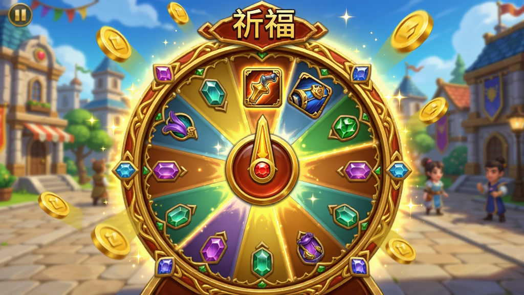 游戏界面中一个华丽的祈福转盘,转盘上镶嵌着宝石与金色纹路,指针指向稀有装备图标,周围有闪烁的金色光芒与飘落的金币特效,背景是游戏主城广场,整体风格明亮喜庆,布局以转盘为中心,细节丰富,画质高清,干净无多余元素,画面中可显示文字“祈福”