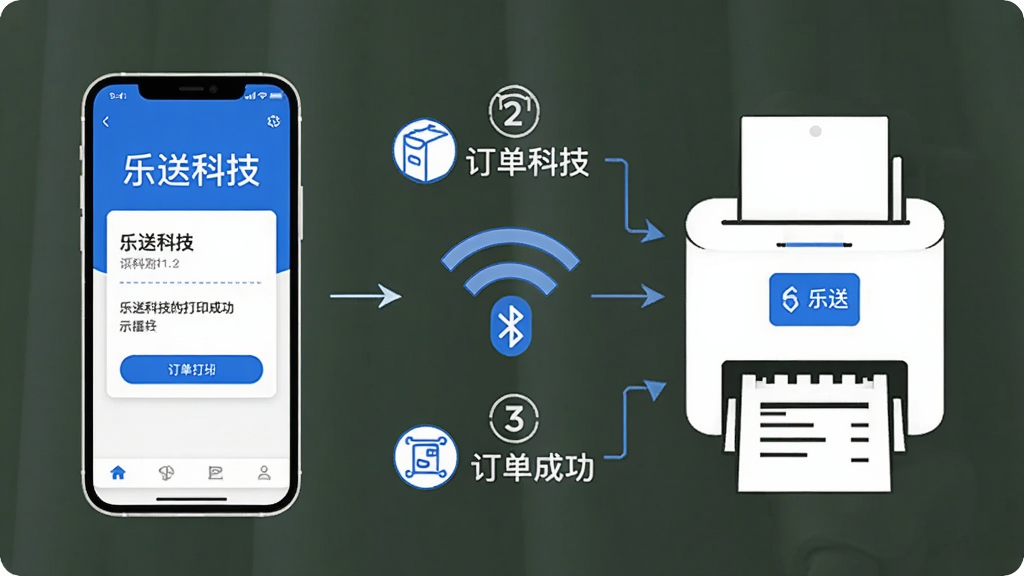 主体:乐送科技App使用场景示意图,手机连接蓝牙打印机;布局:左侧手机,右侧打印机,中间无线信号连接;排版:步骤图标清晰,标注1、2、3;风格:简洁线条风,浅色背景;细节:手机屏幕显示“乐送科技”订单打印成功;画质:高清晰度,无多余杂物
