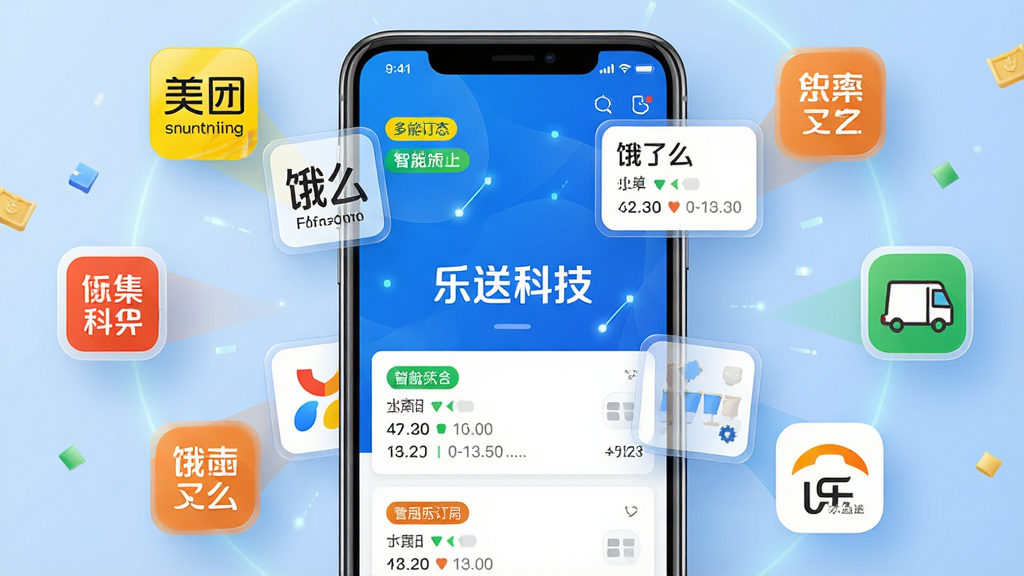 主体:乐送科技智能订单聚合界面,多平台订单图标汇聚到一个手机屏幕;布局:手机屏幕居中,周围有美团、饿了么等平台图标环绕;排版:订单状态标签清晰,颜色区分明显;风格:科技蓝主色调,干净整洁;细节:屏幕中央显示“乐送科技”品牌名,订单卡片带时间戳;画质:高清渲染,无多余元素
