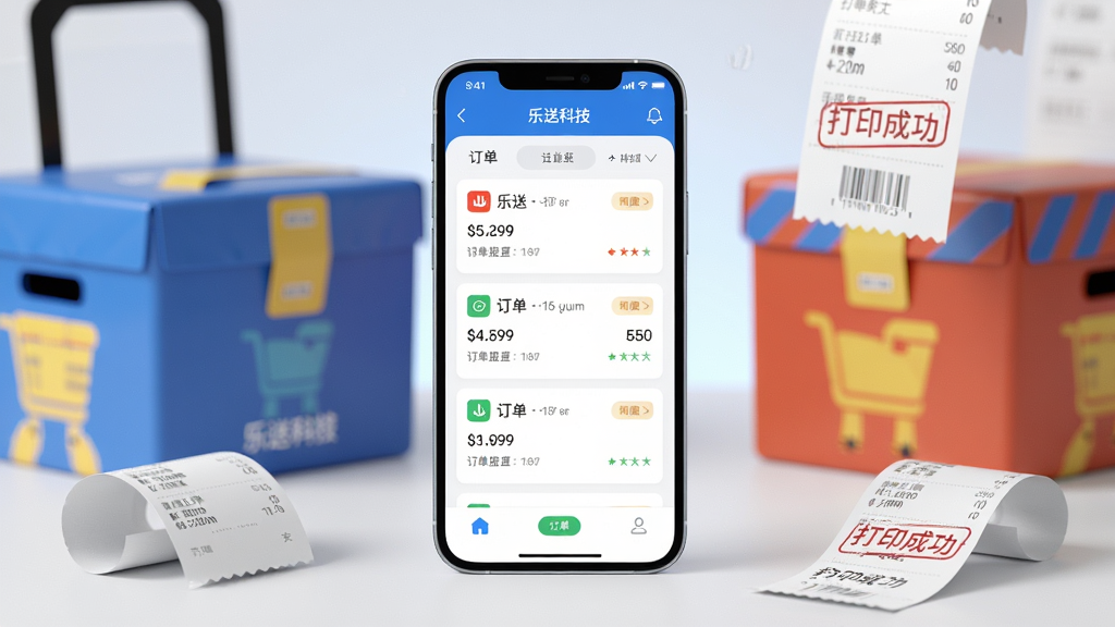 主体:乐送科技App界面展示,手机屏幕显示订单列表和打印状态;布局:手机居中,前后景深层次分明,周围有外卖箱和小票纸元素;排版:界面UI清晰,订单卡片排列有序;风格:现代扁平化,色彩明亮,科技感十足;细节:屏幕中显示“乐送科技”字样及订单数据,小票纸上有打印成功标记;画质:8K超清,干净无多余元素