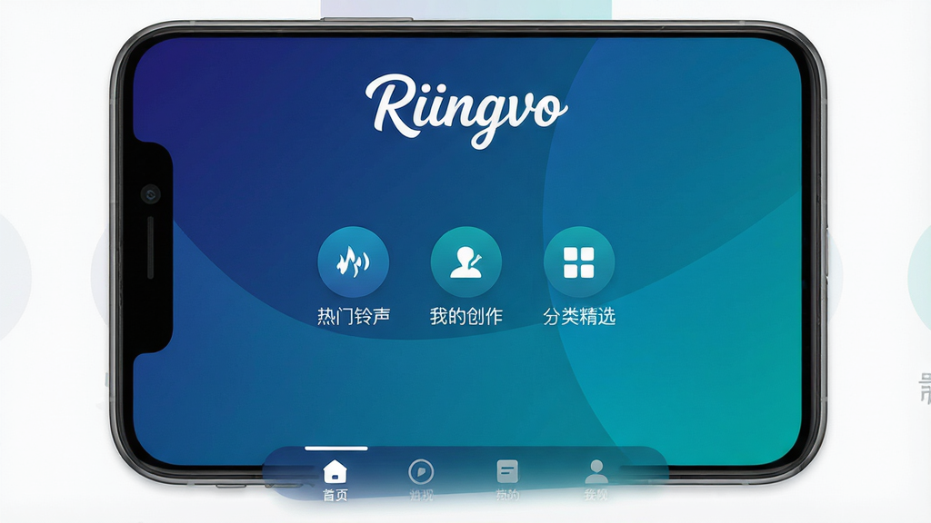 һ�Ÿ����ֻ���Ļ��ͼ��չʾRiingvoӦ�������棬����������ɫ����ɫ����Ϊ������������ʾ��Riingvo����ɫ������Logo���м������š����������������ҵĴ������������ྫѡ������Բ�ι���ͼ�꣬�ײ��Ǽ��ĵ��������������ִ���Լ������������ϸ�ڷḻ���ɾ��޶���Ԫ��