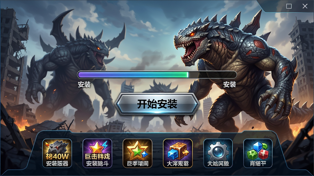 主体:巨击大乱斗手游版安装器界面,背景是游戏中的城市废墟与巨型怪兽剪影;布局:中央显示安装进度条与“开始安装”按钮,下方排列游戏特色图标;排版:现代感UI设计,信息层级分明;风格:科技感与游戏动感结合,色彩鲜艳;细节:屏幕反射光效,按钮带有金属质感,怪兽皮肤纹理清晰;画质:8K超高清,干净,无多余元素。