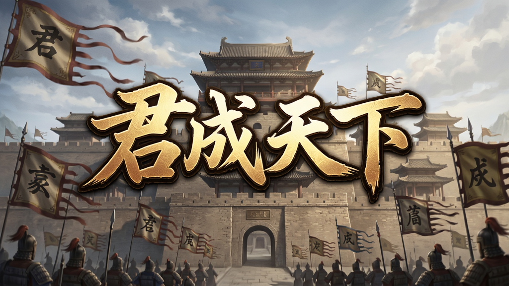 一幅精美的三国风格游戏宣传图,主体为游戏LOGO文字“君成天下”,背景是雄伟的古代城池和战旗,布局居中,排版大气,风格写实,细节丰富,画质高清,干净,无多余元素