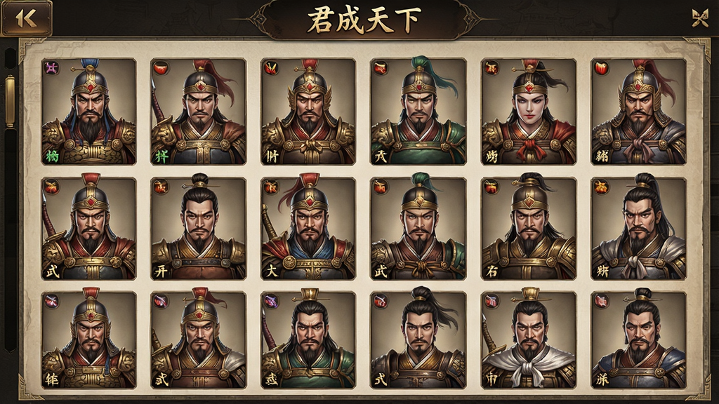 游戏武将界面预览图,主体为“君成天下”武将列表界面,展示多名三国武将立绘,布局为网格状,排版整齐,风格精致,细节丰富,画质清晰,干净,无多余元素