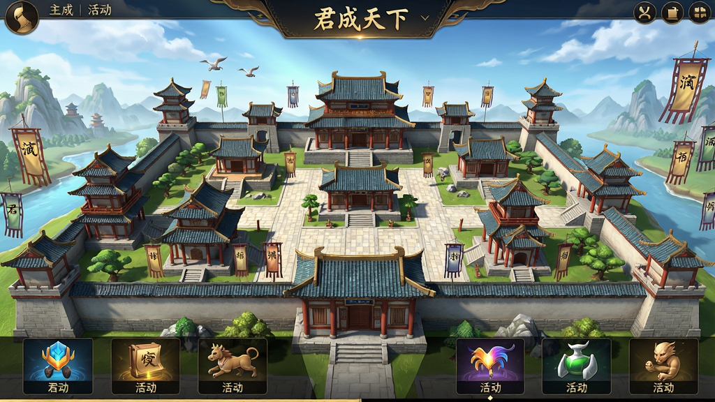 游戏内主城界面图,主体为“君成天下”主城场景,展示建筑和活动入口,布局宽广,排版整齐,风格古风,细节丰富,画质高清,干净,无多余元素