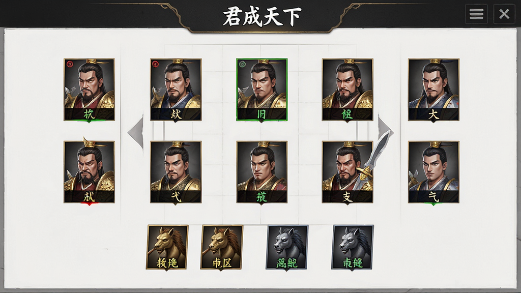战斗布阵界面图,主体为“君成天下”布阵界面,展示武将站位和兵种图标,布局清晰,排版有序,风格简洁,细节明了,画质干净,无多余元素
