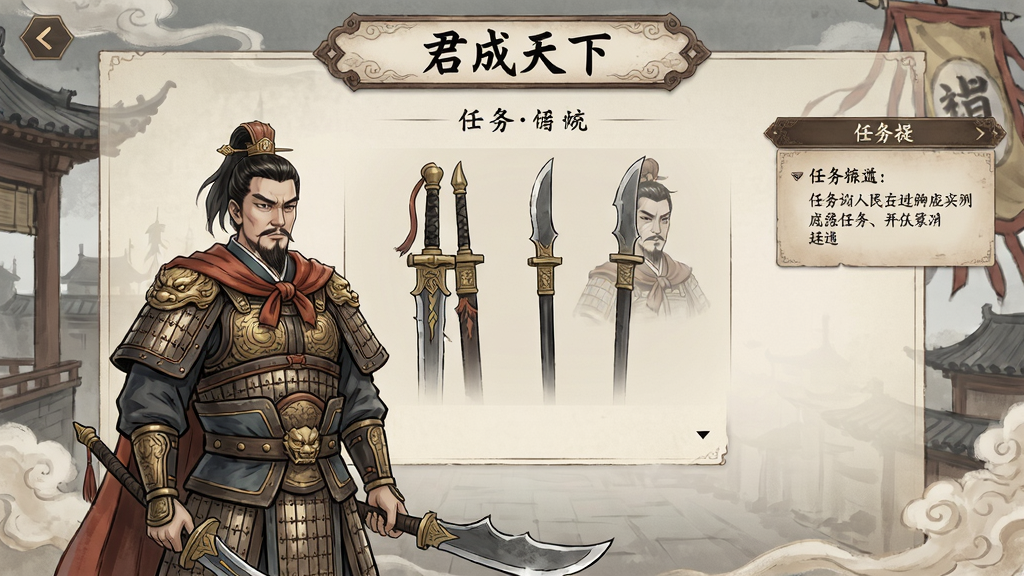 剧情对话界面图,主体为“君成天下”剧情对话场景,展示武将对话和任务提示,布局居中,排版简洁,风格古风,细节精致,画质清晰,干净,无多余元素
