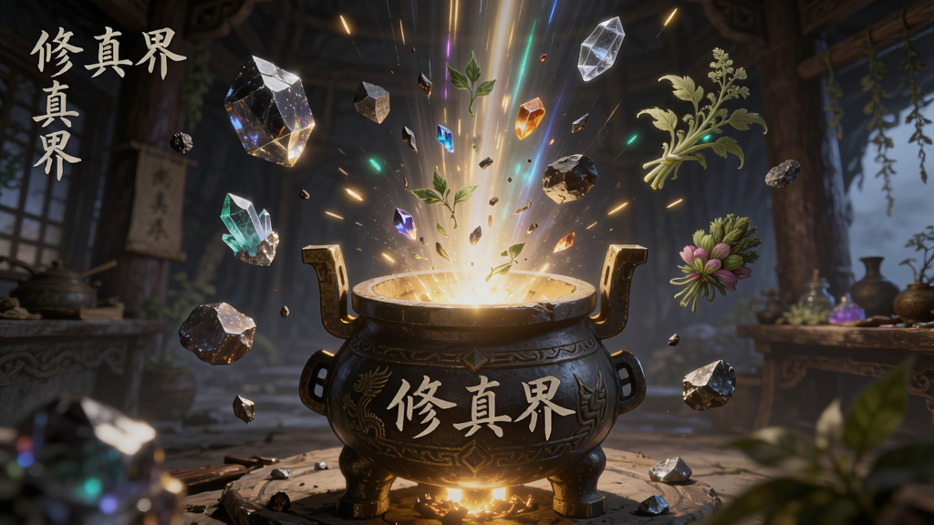 一个古色古香的炼器炉中飞出璀璨光芒,周围漂浮着各种材料如矿石、灵草,背景是洞府,布局以炉为中心,风格为仙侠手绘,细节表现光芒和材质纹理,画质高清,图中文字