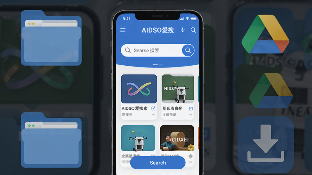 主体为一部智能手机屏幕展示AIDSO爱搜搜索界面,屏幕中央有搜索框和多个资源卡片,周围环绕着文件夹、云盘图标和下载箭头,布局采用居中构图,整体风格扁平化设计,色彩以蓝色和白色为主,细节包括屏幕上的“AIDSO爱搜”字样和搜索按钮,画质高清干净,无多余元素。