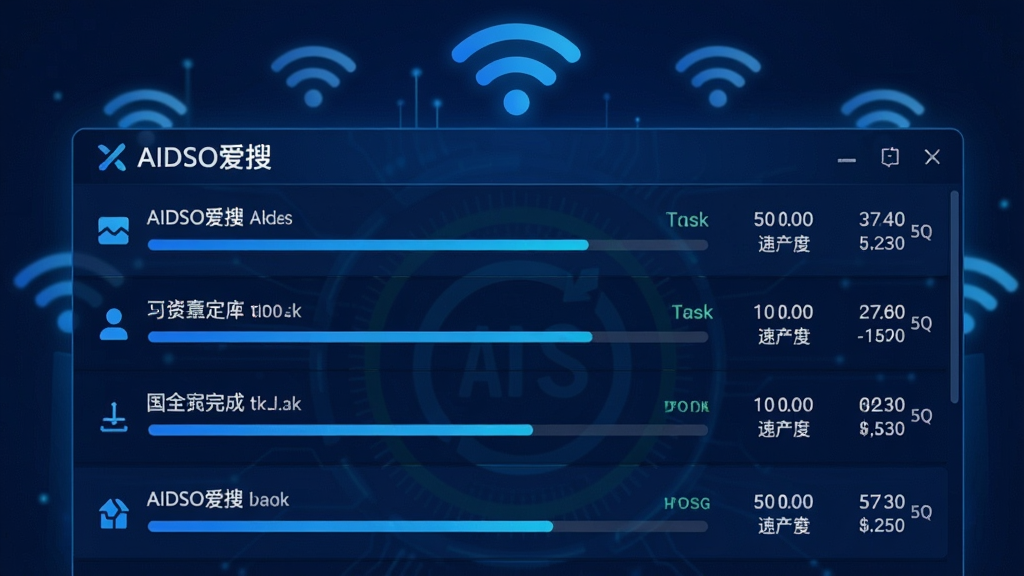 一张AIDSO爱搜下载管理界面预览图,主体为下载列表,每个任务显示进度条、速度和剩余时间,背景有网络信号图标,布局为列表式,风格科技感强,色彩以深蓝和亮蓝为主,细节标注“AIDSO爱搜”字样和下载完成提示,画质高清明亮。