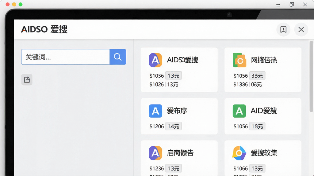 一张AIDSO爱搜软件界面截图,主体为搜索结果列表页,左侧是关键词输入框,右侧是来自多个网盘的资源卡片,卡片上标有网盘logo和文件大小,布局为左右分栏,风格简洁商务,色彩以浅灰和白色为主,细节突出“AIDSO爱搜”品牌标识,画质清晰干净。