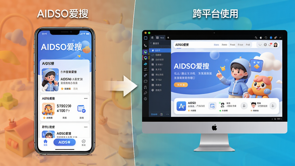 一张展示AIDSO爱搜在手机和电脑上使用的对比图,主体为左侧手机界面和右侧电脑模拟器界面,中间用箭头连接,布局为左右对照,风格写实,色彩明亮,细节标注“AIDSO爱搜”和“跨平台使用”,画质高清。