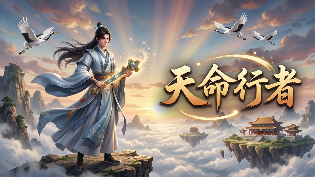 主体:一位身着飘逸汉服的仙侠角色,手持散发微光的法宝,站在云雾缭绕的山巅,远方有仙鹤飞过,天空霞光万道。布局:角色居中偏左,右侧留白用于展示游戏名称“天命行者”的华丽书法字体,背景为广阔的天宫与浮岛。排版:整体采用横幅构图,角色与文字形成视觉平衡,文字置于右侧空白区域,采用金色渐变、带有光晕效果的毛笔字。风格:国风水墨与现代CG渲染结合,色彩鲜明,细节丰富。细节:衣袂飘动,发丝清晰,法宝散发细腻的光粒,天空云层有层次感,山体纹理真实。画质:8K超高清,细腻光泽,干净,无多余元素。