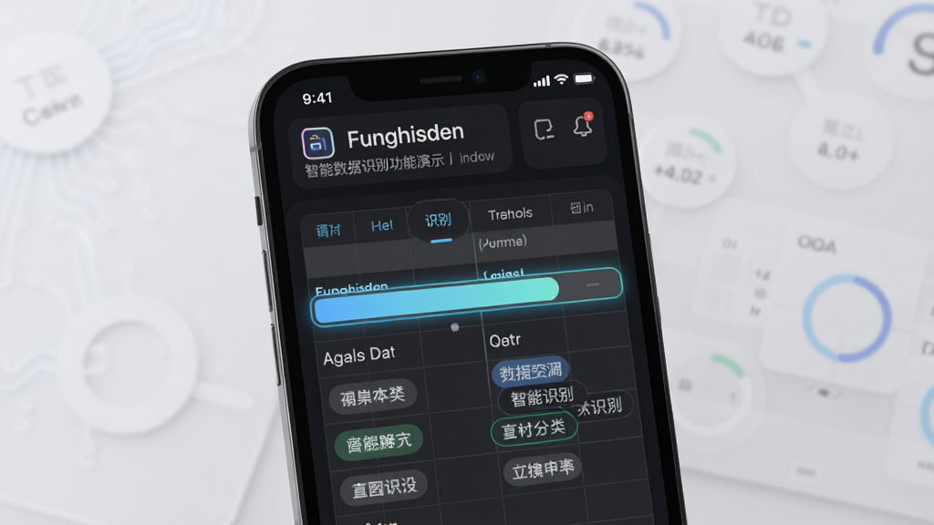 Funghisden 智能数据识别功能演示,手机屏幕显示正在自动解析一个数据表格文件,屏幕上有高亮的识别进度条和自动生成的字段分类标签,背景为柔和的浅灰色,界面元素简洁明了,风格科技感十足,画质清晰,无多余装饰,突出软件识别功能的智能化