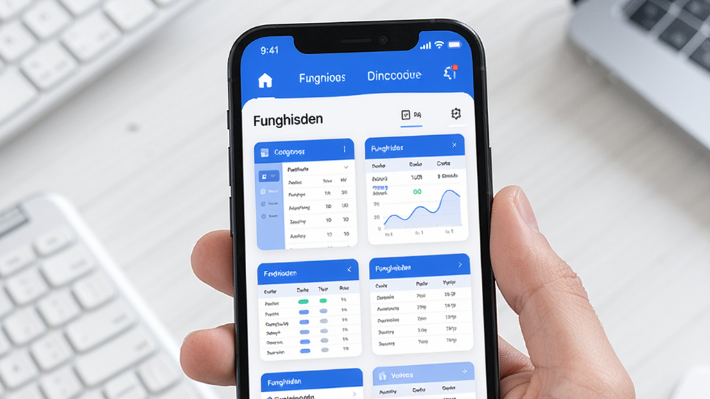 Funghisden 主界面展示,智能手机竖屏显示,界面布局清晰,上方为功能导航栏,中间区域以卡片形式排列着多个数据表格预览,色彩以蓝色和白色为主调,风格现代简洁,背景干净,高画质,细节丰富,整体给人专业且易用的感觉,无多余元素