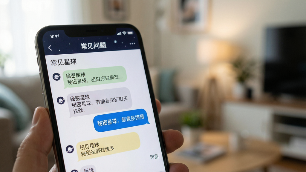 主体:“秘密星球”应用的用户提问与解答交流场景。布局:前景是手机屏幕,显示“秘密星球”的社区问答页面,背景虚化处理。排版:手机屏幕上有几条问答对话气泡,顶部有“常见问题”字样。风格:写实摄影风格,浅景深效果。细节:手机屏幕内容清晰可读,画面光线柔和,背景是模糊的室内环境。画质:高清,干净,无多余元素。
