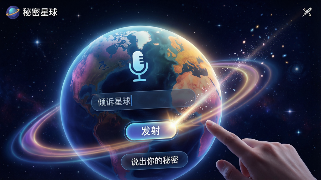 主体:“秘密星球”应用内的“倾诉”功能界面。布局:一个大大的、发光的星球占据画面主要位置,星球表面有一个麦克风图标和文字输入框。一位用户的手指正在点击“发射”按钮,一道光束从按钮射向星球。排版:界面简洁,只有必要的操作按钮与提示文字“说出你的秘密”。风格:科技感与梦幻感结合,光影效果出色。细节:星球表面有流动的光晕,光束带有粒子效果,背景是深邃的星空。画质:高分辨率,细节清晰,色彩饱和,干净无杂物。