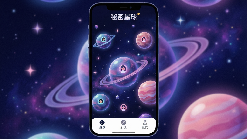 主体:一款名为“秘密星球”的手机应用界面,展示其核心的“星球”列表页。布局:画面中央是一个深邃的宇宙背景,分布着多个色彩各异、大小不一的光晕星球,每个星球上隐约可见代表用户头像的小光点。界面顶部有应用名称“秘密星球”的logo字样。排版:下方有简洁的导航栏,包含“星球”、“发现”、“我的”等标签。风格:梦幻、唯美、治愈系插画风格,带有轻微的噪点质感。细节:星球表面有细腻的光泽与纹理,背景有闪烁的星星与星云,整体色调以深蓝、紫色和粉色为主。画质:4k高清,画面干净通透,无多余元素。