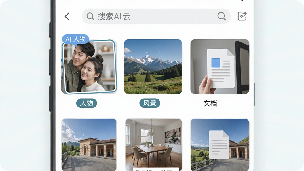 360AI云盘AI智能分类功能演示图,主体是手机界面中照片被自动归类为“人物”、“风景”、“文档”等智能相册,布局为网格状分类展示,排版整齐,风格清新自然,细节突出AI识别标签和搜索栏,画质高清干净,无多余元素