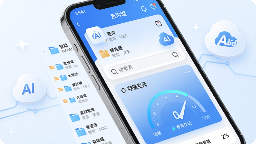 一张360AI云盘应用主界面的高清预览图,主体是手机屏幕中展示的云存储管理界面,布局清晰展示文件分类、智能搜索框和存储空间仪表盘,排版简洁明亮,采用蓝色科技风格,细节突出AI图标与云朵元素,画质细腻干净,无多余元素