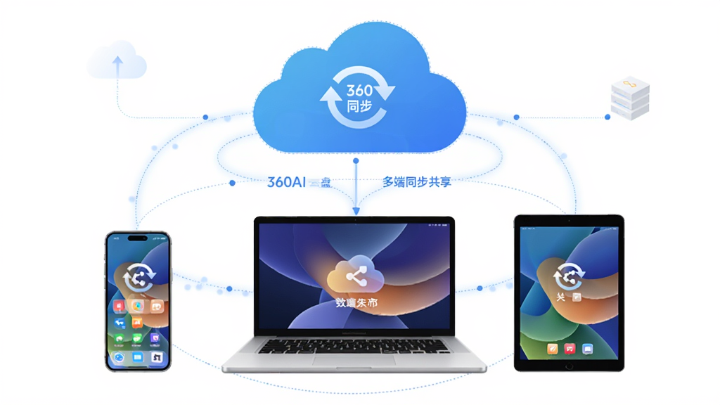 360AI云盘多端同步与共享功能示意图,主体展示一部手机、一台笔记本电脑和一台平板设备围绕云端数据同步的联动画面,布局平衡,风格现代科技感,细节突出“同步”、“共享”图标,画质清晰干净,无多余元素