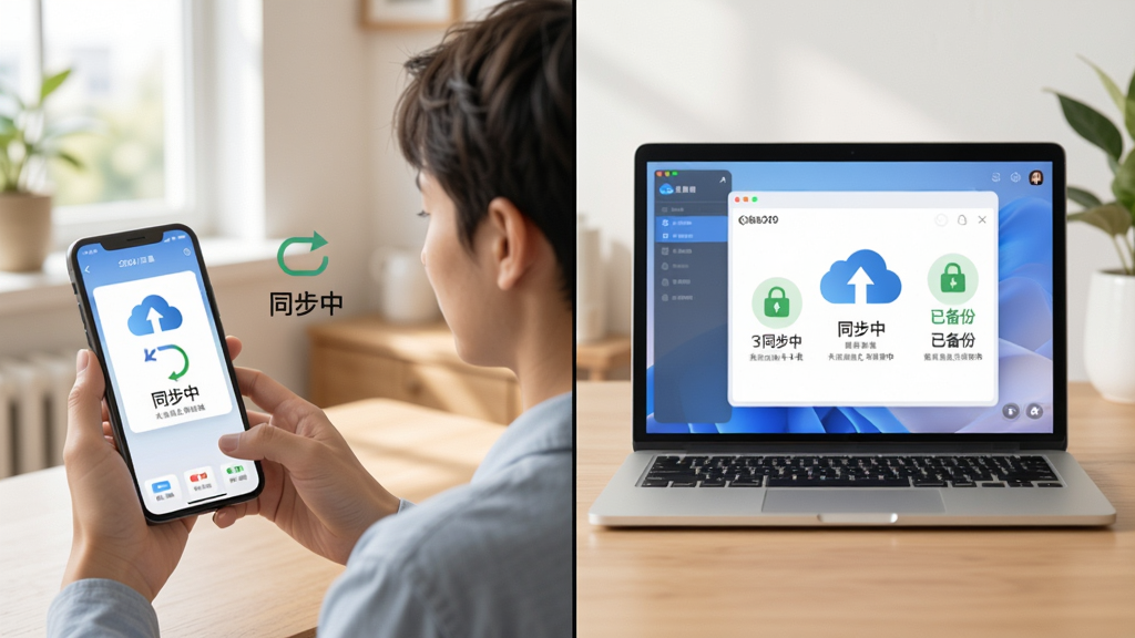 360AI云盘使用场景示意图,主体是用户在使用手机和电脑同时操作云盘界面,布局为分屏展示,风格生活化,细节突出“同步中”、“已备份”状态图标,画质清晰干净,无多余元素