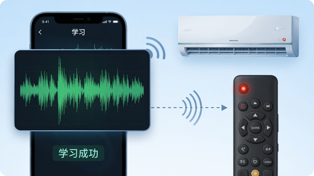 主体:手机正在“学习”原装遥控器的红外信号,屏幕显示信号波形图,旁边有一台空调和原装遥控器。布局:手机在左侧,原装遥控器在右侧,中间用虚线连接表示信号传输,背景为浅蓝色渐变。排版:波形图在手机屏幕中放大显示,下方有“学习成功”提示。风格:科技感插画,线条流畅。细节:波形图颜色为绿色,原装遥控器有红外发射点发光。画质:高清,干净,无多余元素。