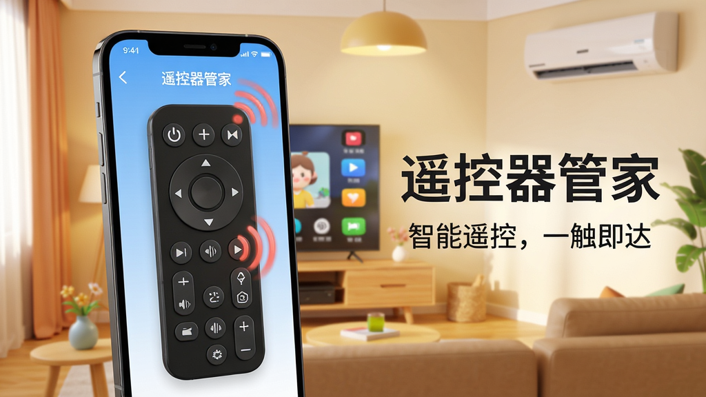 主体:智能手机屏幕展示“遥控器管家”应用界面,界面中有一个虚拟遥控器面板,包含电源、音量、频道等按键,背景是温馨的客厅环境,电视和空调均显示被控制状态。布局:手机位于画面中央偏左,右侧留白处放置应用名称“遥控器管家”字样,下方有“智能遥控,一触即达”的标语。排版:干净简洁,突出手机界面,标语使用现代感字体。风格:写实与3D渲染结合,光线柔和,色彩明亮。细节:手机屏幕上的按键清晰可辨,有红外信号发射的视觉效果。画质:高清,干净,无多余元素。