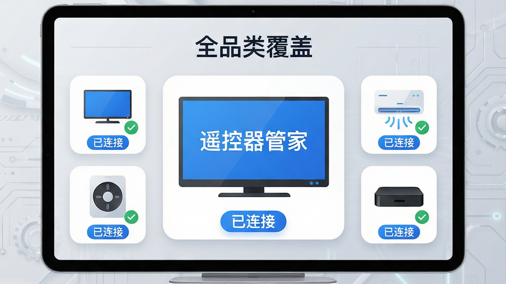 主体:遥控器管家应用的家电匹配界面,屏幕中显示电视、空调、机顶盒等图标,每个图标下方有“已连接”标签。布局:以电视为中央视觉焦点,两侧分布其他家电图标,背景为浅灰色科技感纹理。排版:图标整齐排列,使用圆角卡片式设计,顶部有“全品类覆盖”标题。风格:扁平化与现代感结合,色调以蓝色和白色为主。细节:每个家电图标上有一个小对勾表示连接成功,电视屏幕上显示“遥控器管家”字样。画质:高清,干净,无多余元素。
