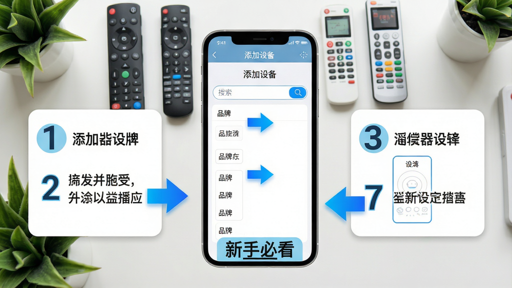 主体:手机屏幕显示遥控器管家使用教程页面,有步骤说明和箭头指示,背景是整洁的桌面,摆放着电视遥控器、空调遥控器等。布局:手机居中,两侧有步骤说明卡片,底部有“新手必看”标签。排版:步骤编号醒目,使用蓝色高亮箭头。风格:清新自然,绿色植物点缀。细节:手机屏幕中显示“添加设备”页面,有搜索框和品牌列表。画质:高清,干净,无多余元素。