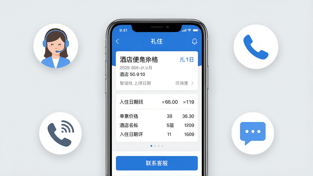 ���壺һ�������ֻ���ʾ����ס��App�Ķ�������ҳ�棬ҳ������Ƶ����ơ���ס���ڡ��۸���ϸ���ײ��С���ϵ�ͷ�����ť�����֣��ֻ�λ�ڻ������룬����Ϊǳ��ɫ����Χ�пͷ�ͷ�񡢵绰ͼ�ꡢ��Ϣ���ݵ�Ԫ�ء��Ű棺���������ͻ���ͷ����ܡ���������Լ�����ɫ��׺��ϸ�ڣ���Ļ���ݿɱ棬�ͷ�ͼ���Ѻá����ʣ����壬�ɾ����޶���Ԫ�ء�