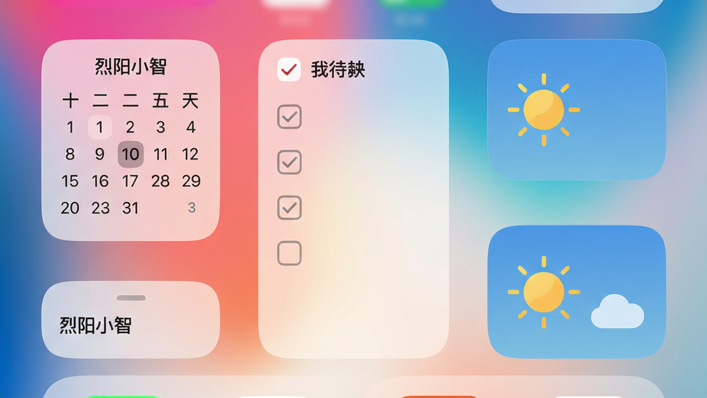 主体:手机桌面,背景为渐变色壁纸,桌面放置多个烈阳小智组件,包括日历、待办、天气。布局:组件分布在桌面不同位置,大小不一,错落有致。排版:组件采用圆角矩形,半透明设计,文字清晰。风格:清新简约,色彩柔和。细节:日历组件显示当前日期,待办组件有复选框,天气组件有太阳图标。画质:高清,干净,无多余元素。