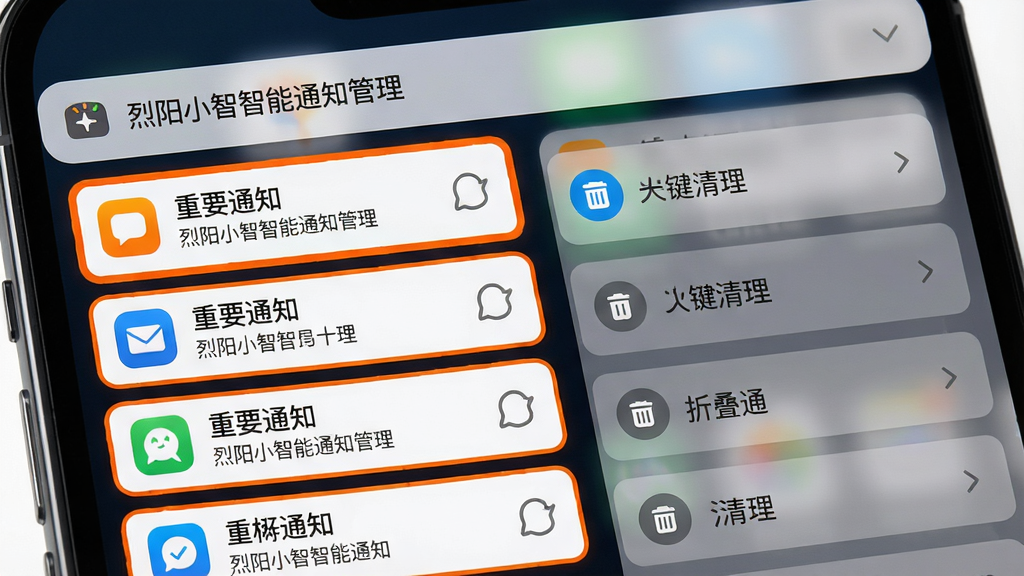 主体:手机通知栏界面,上方显示“烈阳小智智能通知管理”字样,下方分类展示重要通知与已折叠通知。布局:通知栏占据手机屏幕,左侧为重要通知列表,右侧为折叠的次要通知区域。排版:重要通知使用橙色高亮边框,折叠区域为灰色半透明。风格:写实与扁平结合,色彩对比鲜明。细节:通知图标清晰,文字可读,有“一键清理”按钮。画质:高清,干净,无多余元素。