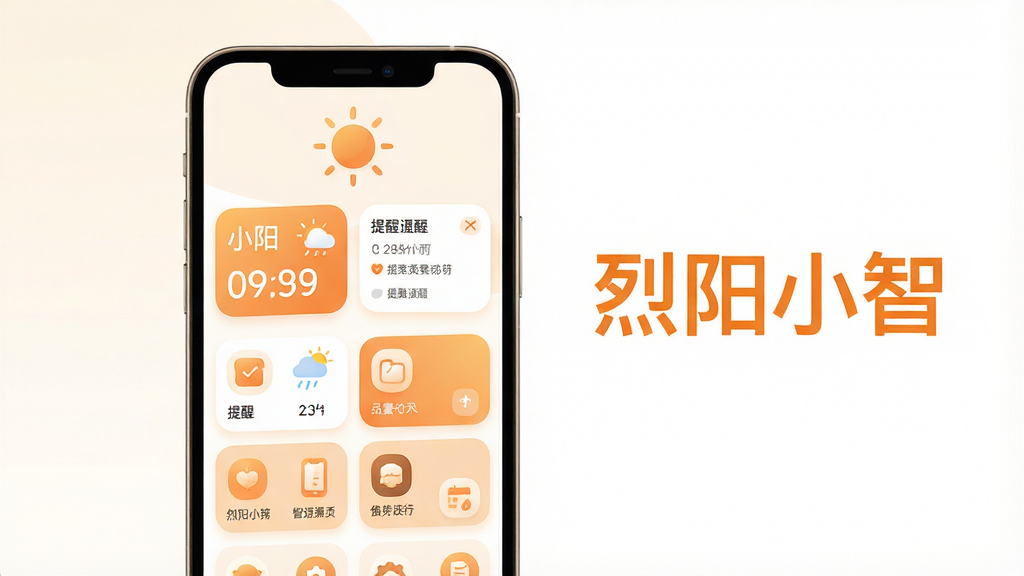 主体:一部亮着屏幕的智能手机,屏幕中央显示烈阳小智的App界面,界面风格简洁现代,上方有太阳图标,下方排列着各类功能卡片。布局:手机位于画面中心偏左,右侧留白区域放置文字“烈阳小智”,字体为现代无衬线体,颜色为橙色。排版:手机屏幕内卡片整齐排列,色彩以暖白和浅橙为主,整体构图平衡。风格:扁平化插画风,色彩明亮温暖,突出智能与活力。细节:屏幕中显示时间、天气、提醒事项等小部件,图标圆润。画质:高清,干净,无多余元素。