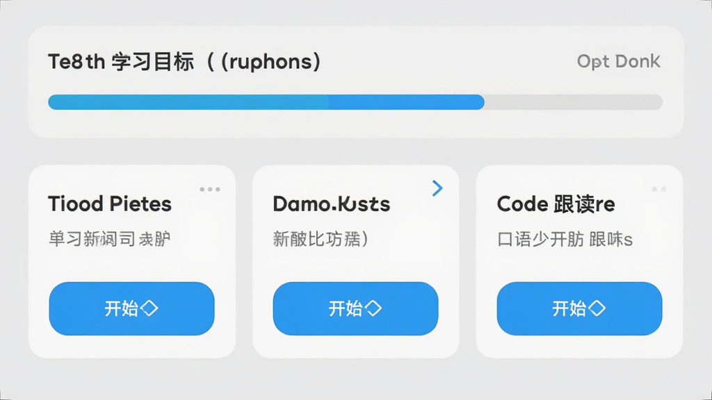 盟友英语APP的每日学习计划界面,屏幕上方显示今日学习目标和进度条,下方是单词复习、新词学习、口语跟读三个任务卡片,每个卡片上有开始按钮,背景为浅灰色,界面简洁明了,画质干净,无多余元素
