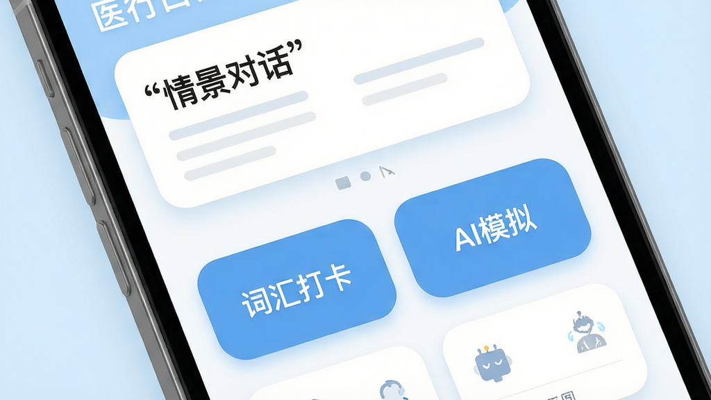 画面主体为一款名为“医行口语”的手机应用界面特写,屏幕占据视觉中心,背景为干净的浅蓝色调。界面布局清晰,上方显示“情景对话”模块,下方是“词汇打卡”与“AI模拟”按钮。整体排版简洁现代,采用扁平化设计风格,细节处见圆角卡片与柔和阴影。画质高清且干净,无多余元素,突出专业医学英语学习工具的质感。