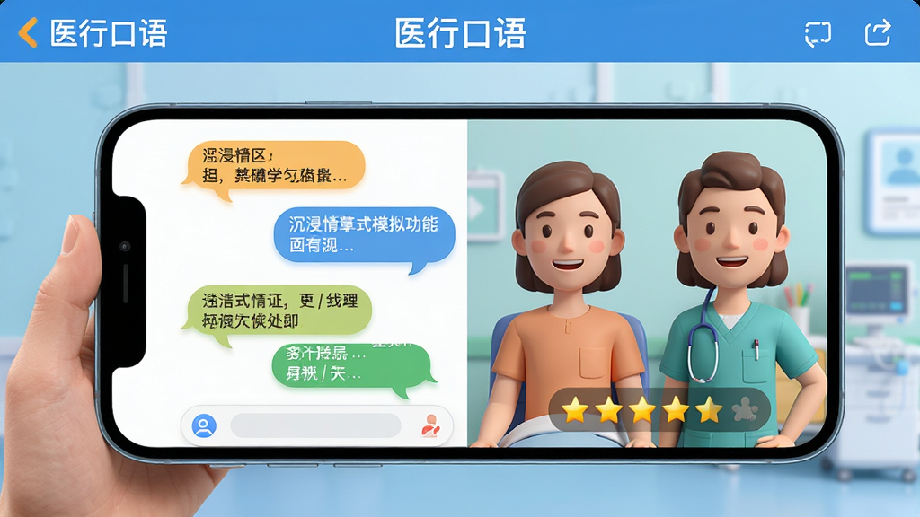 展示“医行口语”软件内沉浸式情景模拟功能的预览图。画面中心是一位医护人员手持手机,屏幕中显示与虚拟患者对话的3D卡通界面。布局采用左右分屏设计,左侧是对话文本,右侧是角色动画。整体风格活泼且专业,色彩明亮,细节包括对话气泡和发音评分星级。画质清晰干净,无多余元素,凸显交互式学习体验。